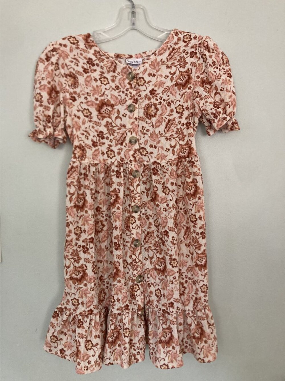 Nicole Miller New York Floral Button Front Dress Size 8 Pink & Rust Puff Sleeves